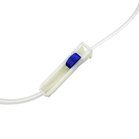 IV extension set with blue roller clamp on clear tubing; sterile for lab and veterinary use.