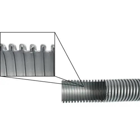 Close-up of silver 30 Ft Go-To Premium Shop Vacuum Extension Hose with 2 tank adapters and 1.25 inch curved end, ribbed design.