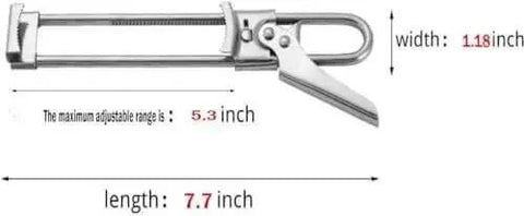 All In One Adjustable Jar And Can Opener No Fuss Stainless Steel Manual Kitchen Gadget with size dimensions for jars, cans, and lids
