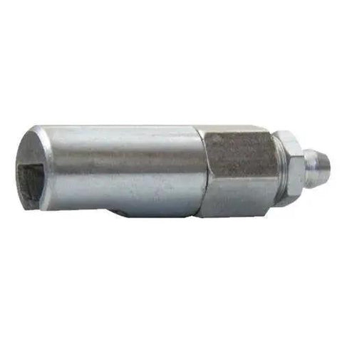 Side view of a Low Profile 90 Degree Push On Slotted Grease Coupler for hard to reach fittings, metal material, automotive use.