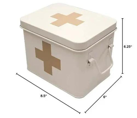 Retro Enameled First Aid Box With Lid And Removable Tray For Medicine Storage In Milky White With Tan Cross, 8.5x6.25x6 Inches