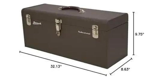 32-Inch Industrial Steel Toolbox With Brown Wrinkle Powder Coat, Padlockable Security, Steel Tool Tray Included, Built-To-Last, Heavy-Duty 0.8mm Steel Construction For Home Shop Or Garage Use BW00200320, showing dimensions and handle.