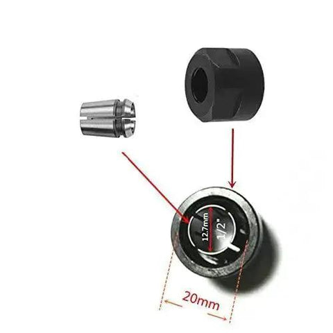 Half Inch Collet Nut Replacement Kit, 2 Pack, Heavy-Duty Drill Chuck Nut For Easy Bit Swaps, components shown with measurements.