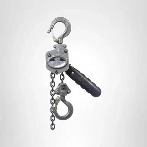 Quarter Ton Mini Puller Lever Hoist Ten Foot Lift Low Headroom Overload Hooks with chain and hooks viewed from the side