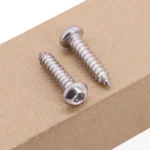 Stainless Steel M6 x 50mm Button Head Socket Cap Screws 25 Pack, 304 Grade 18-8 shown on wood, 4mm Allen Hex Drive, Self Tapping Point
