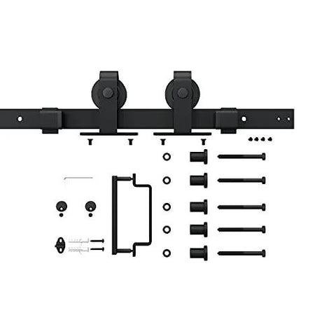 Sliding hardware kit for 30 Inch By 84 Inch Frosted Glass Barn Door With Black Steel Frame And Three Quarter Lite Panels Ships Fully Preassembled