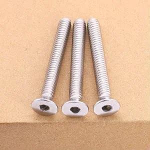 Three 1/4-20 Flat Socket Cap Screws, 2-1/2 Inch Long, Full Thread, Countersunk Head, 304 Stainless Steel 18-8 displayed on a surface