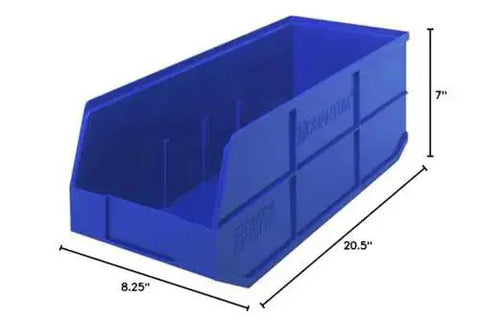 Heavy Duty Stackable Shelf Bin Organizer Set For Workshop And Garage With Raised Front Opening Waterproof And Rust Resistant Polypropylene 20.5 In L By 8.25 In W By 7 In H Six Pack, blue bin with dimensions.