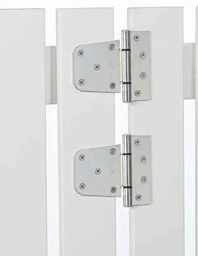Extra Heavy Duty Gate Hinges Zinc Plated 2 Pack for Wood Steel and Vinyl Gates installed on a white gate