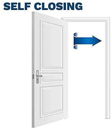 Stainless steel self-closing door hinge mounted on a white door
