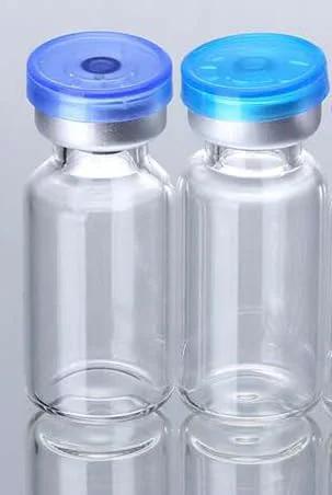 Front view: GISUREM 10ml borosilicate glass vials with blue flip-off aluminum caps; sterile lab sample vials.