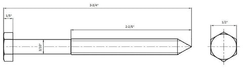 Technical drawing of a bolt with measurements from a 78 Inch Barn Door Track And Hardware Kit In Champagne Brass With Smooth Rollers And Matching Hardware For Doors Up To 36 Inches Easy Install With All Mounting Hardware Included And Heavy Duty Steel Construction.