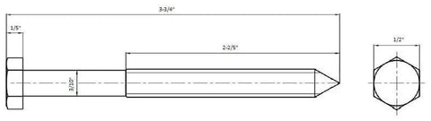 Technical diagram of a bolt for the 78-3/4 Inch Bent Strap Barn Door Hardware Kit For Doors Up To 36 Inches Oil Rubbed Bronze Finish