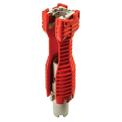 Red and metallic under-sink faucet install wrench with 6 sided cube insert for various nut sizes, Ridgid EZ Change Tool visible