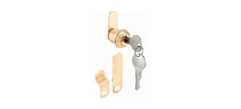Beefy Diecast Drawer And Cabinet Lock With Brass Finish, 5/8 In., Fits On 5/16 In. Panel Thickness, shown with keys and cams