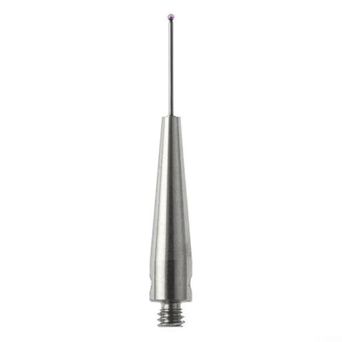 Front view of M2 Threaded CMM Probe Stylus with zero point five millimeter ball and twenty millimeter carbide stem for EDM non conductive measurements.