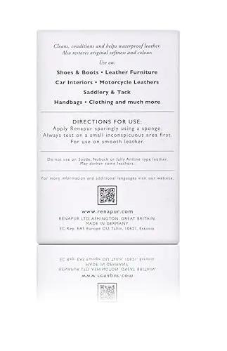 Back of 200 ml tub with directions for use of Leather Balsam Premium Leather Conditioner For Furniture Footwear Purses Bags Car Interiors Bikes Saddlery Restores Color Moisturizes Protects Leather 200 Ml Tub By Renapur.