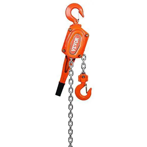 Manual Lever Chain Hoist 3 Ton 6600 Lb, 20 Ft, G80 Weston Brake 360 Degree Hook, orange body and chain, front view