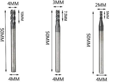 Carbide End Mill Set For CNC Machining With 4 Flutes, showing 2mm, 3mm, and 4mm tungsten steel milling cutters