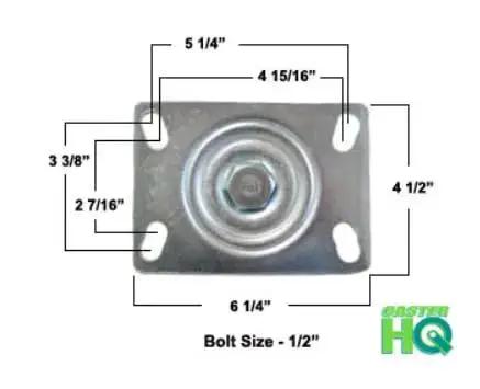 Top view of caster wheel plate, dimensions 4-1/2 by 6-1/4 inches, showing bolt size 1/2 inch with labeled measurements