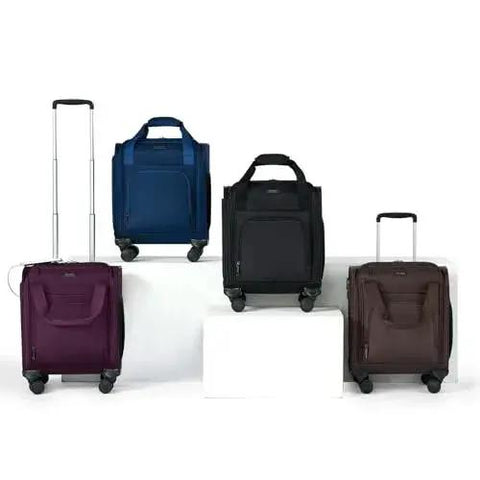 Underseat Carry On Luggage With Wheels Airline Approved 16 Inch Softside Spinner Case in various colors on display.