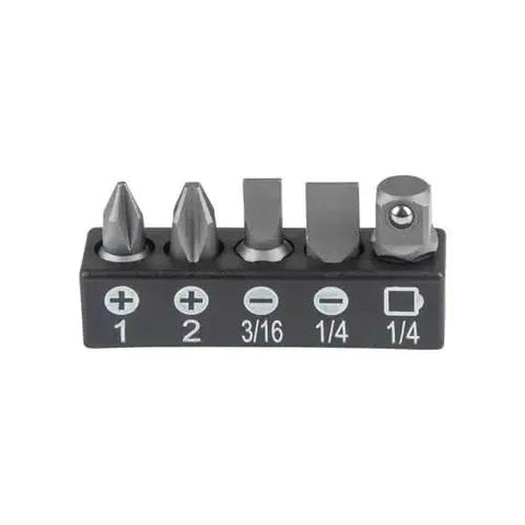 Compact Five Piece Mini Ratchet Set For Tight Spots With Phillips And Slotted Bits One Quarter And Five Sixteenths Inch Nut Drivers