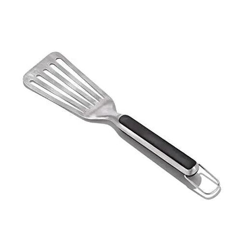 Grilling Tool Precision Turner with thin beveled head, non-slip grip, hanging ring, stainless steel, OXO Good Grips Black.