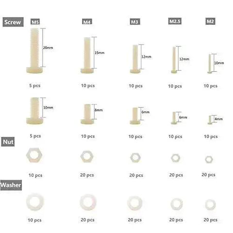 Nylon Screw Nut Washer Assortment Kit M2 To M5 With 270 Pieces In Clear Plastic Box layout showing sizes of fasteners