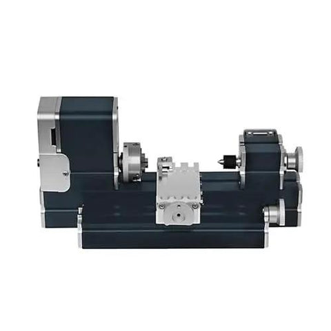 Front view of all metal mini lathe for hobbyists with 20000 RPM and 36W power 12V 3A motor and 30mm max turning diameter.