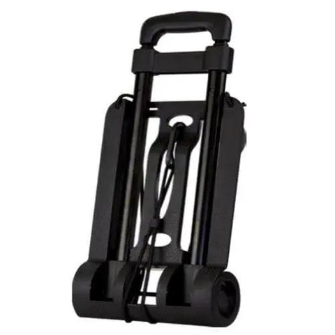 Compact folded EZ Roll Luggage Cart with lightweight aluminum frame for easy transport of luggage and supplies, telescopic handle visible