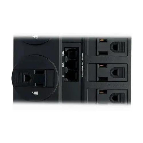 Close-up of TLP1208TEL Home Theater Surge Protector Power Strip With 12 Outlets, RJ11 phone line protection ports visible