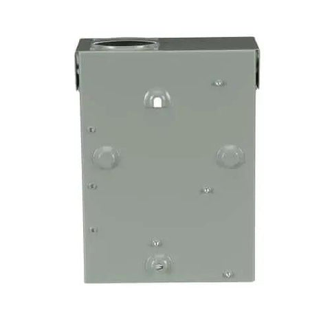 Rear view of 125 Amp main lug outdoor load center single unit, 4 spaces 8 circuits, NEMA 3R galvanized steel enclosure.