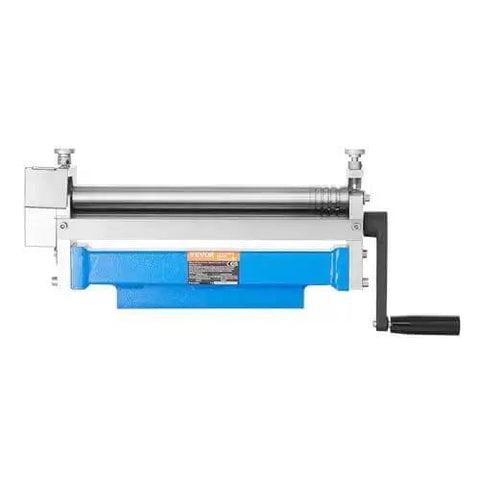Front view of Beefy Slip Roll Metal Forming Machine 12.6 Inch With Detachable Rollers 20 Gauge Capacity, blue base with handle.