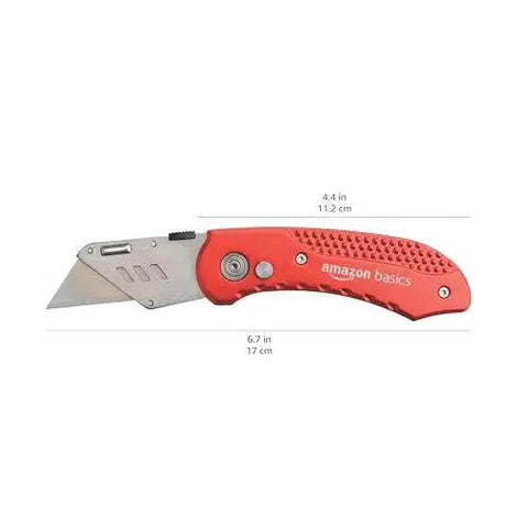 Side view of Folding Utility Knife With Back Lock Lightweight Aluminum Handle Red Box Cutter showing measurements.