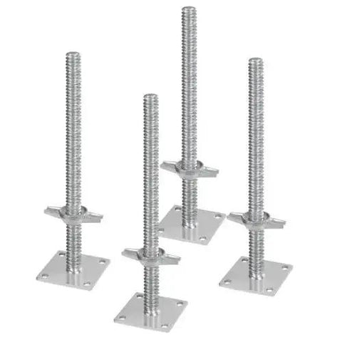 Four Pack Beefy Adjustable Leveling Jacks For Baker Style Scaffolding, 18.2 Inch Height Range, silver solid carbon steel