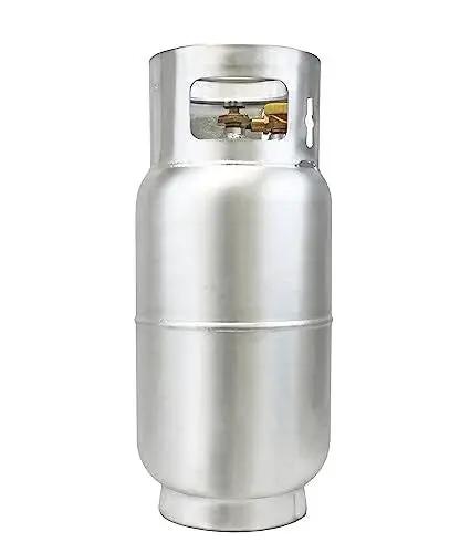 Aluminum 33.5 Lb Forklift Propane Tank With Integrated Gauge Durable Lightweight, vertical view, showing aluminum material and gauge.