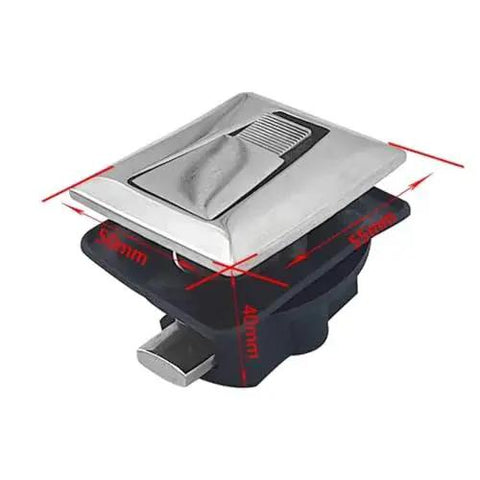Front view of a 316 stainless steel boat deck square locker latch with key, mounted on a blue base