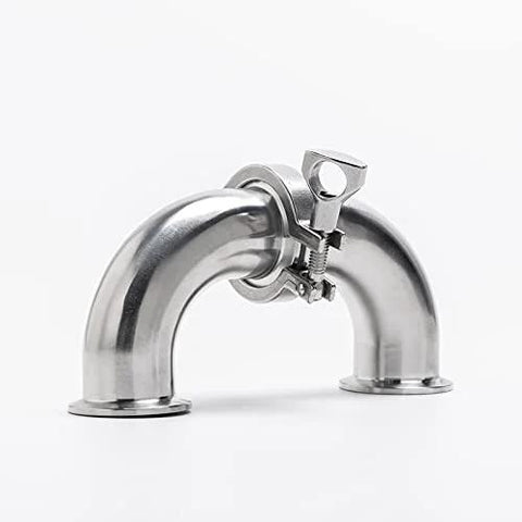 Stainless steel 90-degree elbow sanitary pipe fitting, 1-1/2 in tube OD, tri-clamp ends.