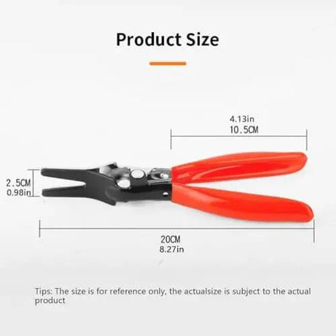 Pro Grade Car Fuel Line Removal Tool Kit With Hose Clamp Pliers showing dimensions and non-slip red grips