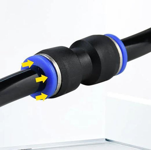 PU4 and PC4-M6 pneumatic tube fittings for 4mm PTFE tubes with blue and black plastic connectors.