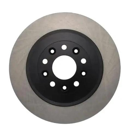 Rear brake rotor, front view: silver disc with black center hub and lug holes.
