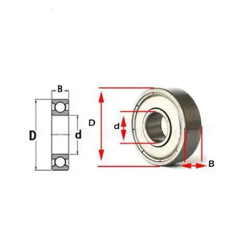 Technical diagram of Miniature Deep Groove Ball Bearing 629ZZ 9x26x8mm showing dimensions and shielded carbon steel design.