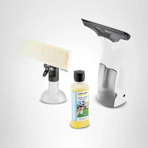 Kärcher WV 1 electric window vacuum squeegee front view with 10-inch head, spray bottle and cleaning pad