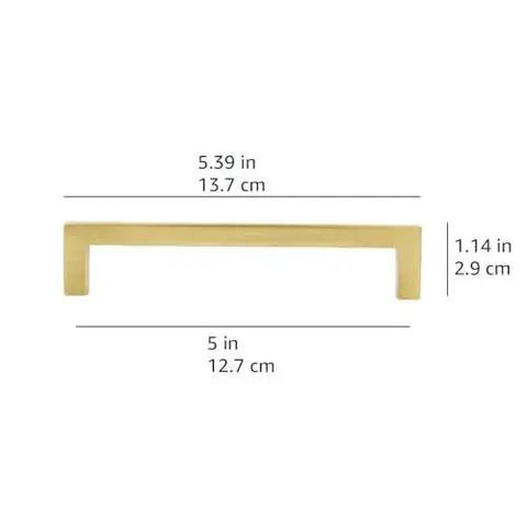 Modern Square Cabinet Pull Handle With Golden Champagne Finish, 5.39-Inch Length, 5-Inch Hole Center, 10-Pack, front view with measurements.