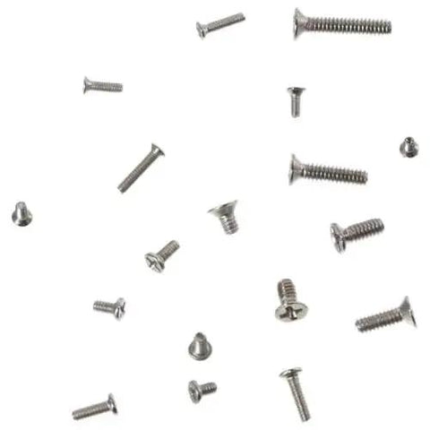Stainless Steel Silver Micro Screws Set for Glasses and Watches, Metric Tiny Screws M1.2 M1.4 M2.0 scattered on white background.