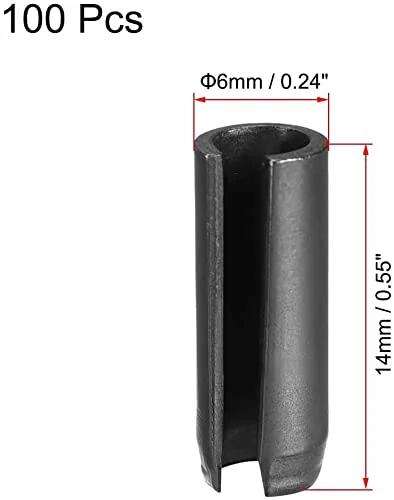 Close-up view of Slotted Spring Pin Kit 6mm By 14mm Plain Finish 65Mn Roll Pins Assortment Pack for small machine projects, 100 pieces.