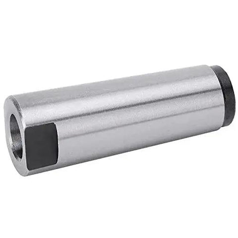 Side view of MT4-MT2 taper sleeve reducing adapter for lathe; silver metal cylindrical tool with black end cap
