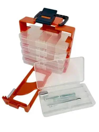 On The Go 8 Inch Portable Parts Organizer With 5 Removable Compartments, open view showing plastic compartments with tools inside