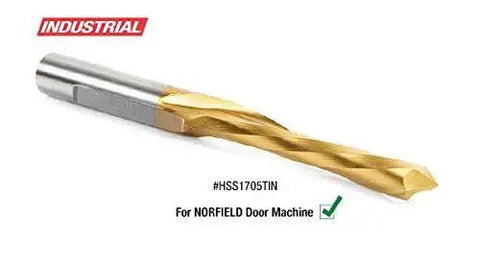 Durable Tin Coated HSS Router Bit For Steel Doors Half Inch Diameter Two And A Half Inch Cutting Depth Half Inch Shank Five And A Half Inch Overall Length TiN Coating For Strength And Edge Protection Amana Tool HSS1702TIN shown against a white background.