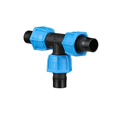 Front view of 1-inch poly-pipe tee fitting with blue tapered nut seals on black body, high-pressure nylon.